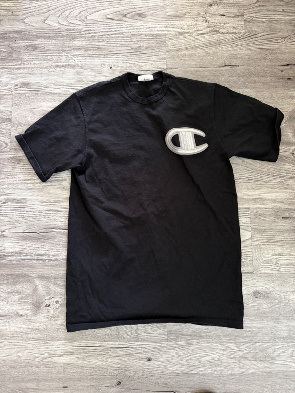 Champion Black Short Sleeve Crewneck T-Shirt with Large Patch Logo